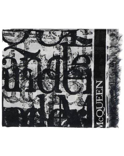 Alexander McQueen Stole With Selvedge Ribbon Mcqueen Logo Printed - Black