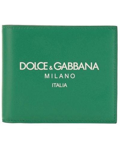 Dolce & Gabbana Logo Printed Bi Fold Leather Wallet - Green