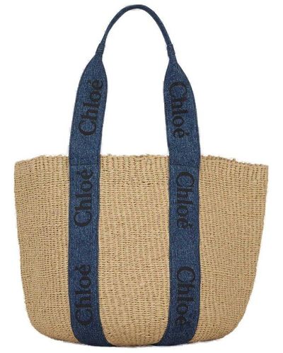 Chloé Woody Large Basket Bag In Raffia With Chloé Denim Ribbons - Blue