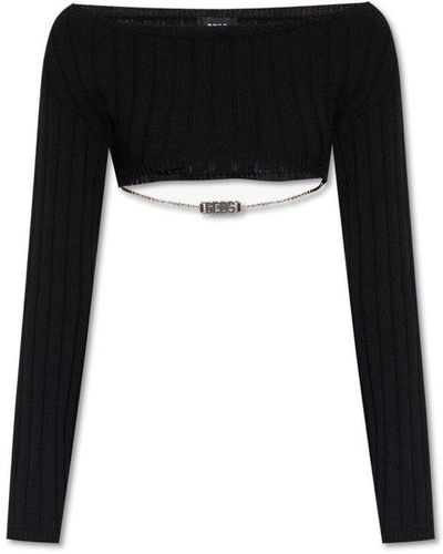 Gcds Boat Neck Cropped Knitted Top - Black