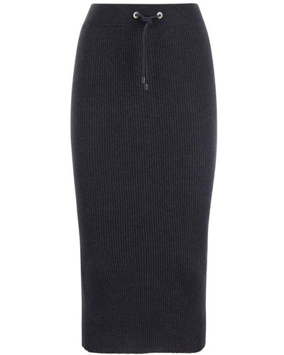 Brunello Cucinelli Pencil Skirt In Cashmere And Silk Ribbed Jersey - Blue