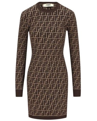 Fendi Monogrammed Long-sleeve Dress - Brown