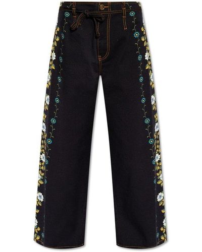 Etro Floral-printed Wide-leg Stretched Jeans - Black