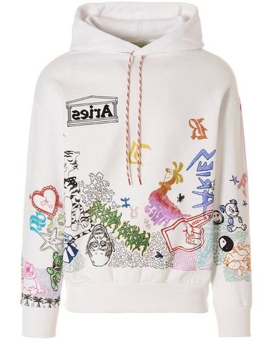 Aries Graphic Printed Drawstring Hoodie - White