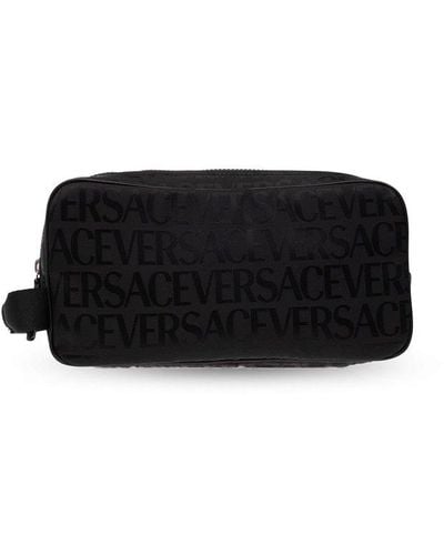 Versace Logo Printed Zipped Wash Bag - Black