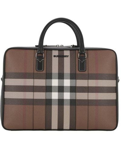 Burberry Logo Plaque Checked Zipped Briefcase - Brown