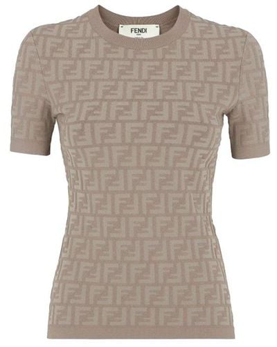 Fendi Monogram Detailed Knit T-Shirt - Gray