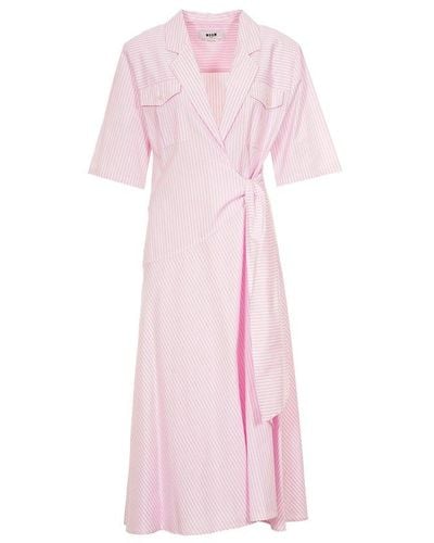 MSGM Bowed Waistline Poplin Midi Dress - Pink