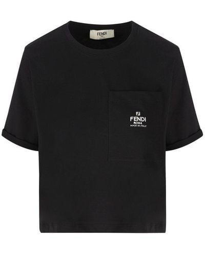 Fendi Logo Embroidered Crewneck T-shirt - Black