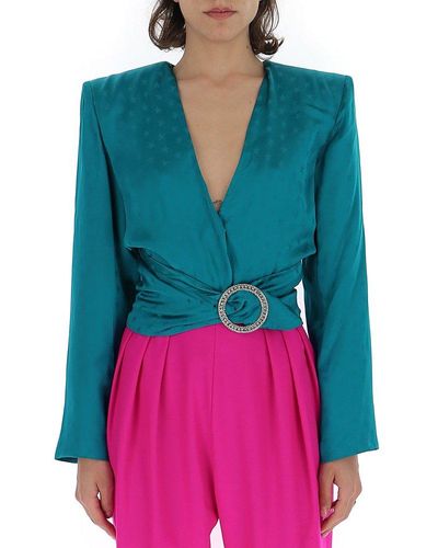 The Attico Structured V-neck Crystal Buckled Blouse - Blue
