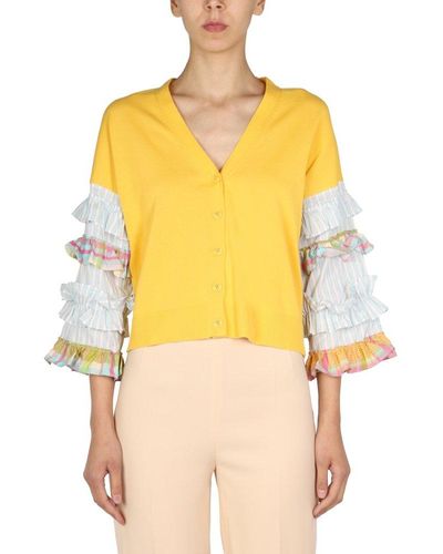 Boutique Moschino V-neck Ruffle-sleeved Cardigan - Yellow