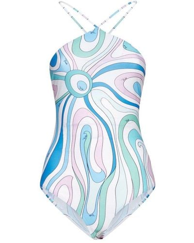 Emilio Pucci Marmo-printed Halterneck Swimsuit - Blue
