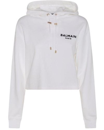 Balmain Flocked Logo Cropped Hoodie - White