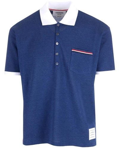 Thom Browne Logo Patch Stripe-detailed Polo Shirt - Blue