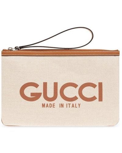 Gucci Logo-print Leather-trim Canvas Clutch - Natural