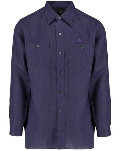 Needles Logo Embroidered Buttoned Shirt - Blue