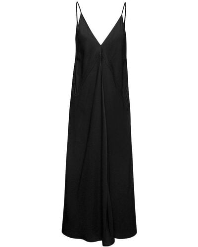 Jil Sander Black Calf Lenght V-neck Slip Dress, With Full Skirt And Diagonal Cut, In Viscose Woman