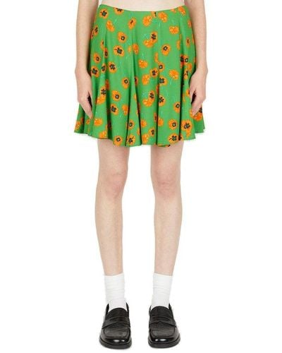 KENZO Poppy-printed High-waist Skater Skirt - Green