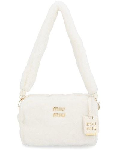 Miu Miu Logo Plaque Zipped Fur Shoulder Bag - White