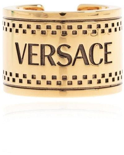 Versace Brass Ring With Logo, - Metallic