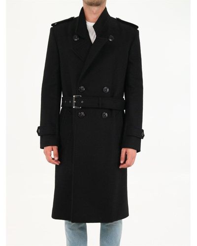 Saint Laurent Double-breasted Trench Coat In Wool Felt - Black