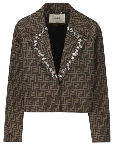 Fendi Ff-print Cropped Blazer - Women's - Polyester/viscose/cotton - Brown