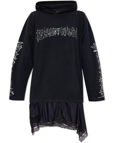 Balenciaga Logo Printed Layered Hoodie Dress - Black