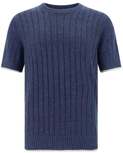 Brunello Cucinelli Contrast-tipped Linen And Cotton-blend T-shirt - Blue