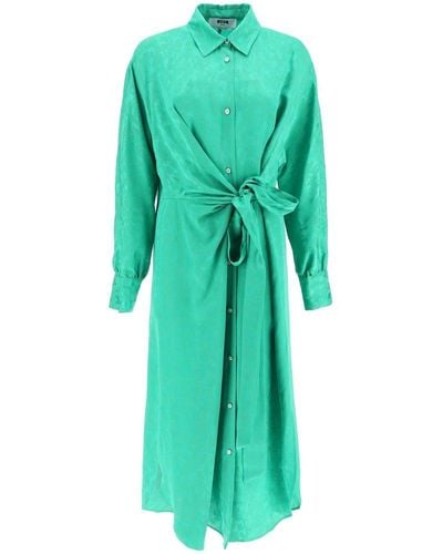 MSGM Jacquard Satin Shirt Dress - Green