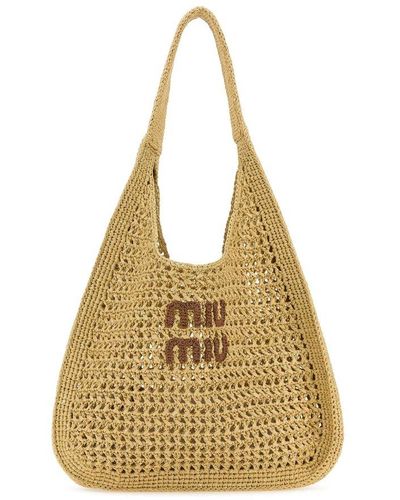 Miu Miu Logo Patch Raffia Large Tote Bag - Metallic