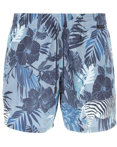 Etro Floral Print Drawstring Swim Shorts - Blue