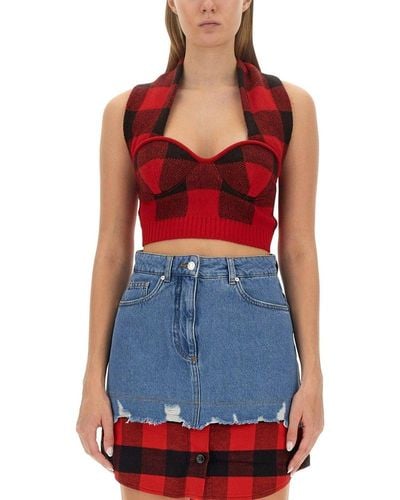 Moschino Jeans Sweetheart Neck Checked Cropped Top - Red