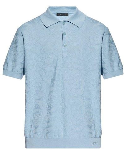 Versace Polo Shirt With Barocco Pattern, - Blue