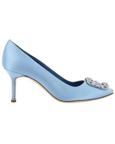 Manolo Blahnik Hangisi Buckle Embellished Satin Court Shoes - Blue