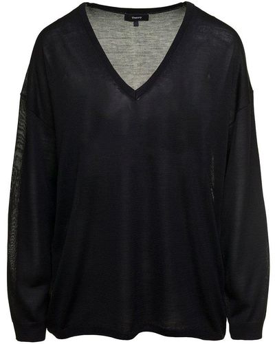 Theory Black Pullover With V Neckline And Long Sleeves In Silk Woman