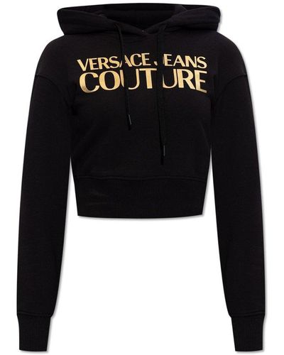 Versace Cropped Hoodie With Logo, - Black