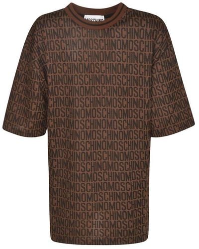 Moschino All-over Logo Embroidered Crewneck T-shirt - Brown