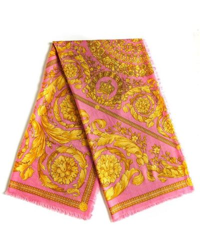 Versace Knitted Baroque Printed Fringed Scarf - Yellow