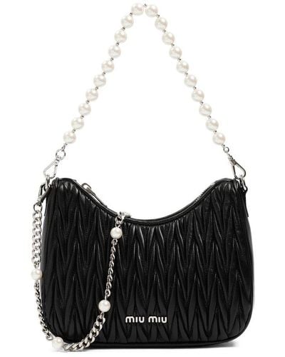 Miu Miu Matelassé Pearl Embellished Shoulder Bag - Black