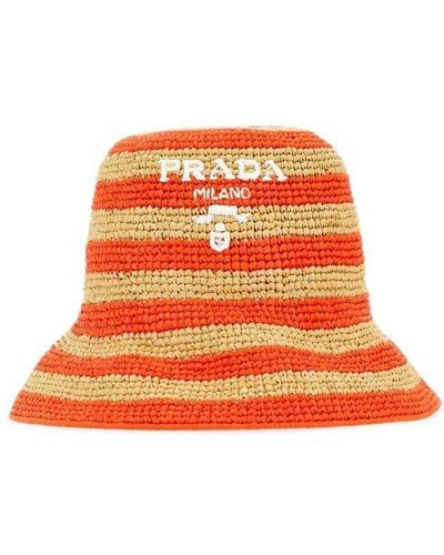 Prada Logo Embroidered Crochet Bucket Hat - Orange