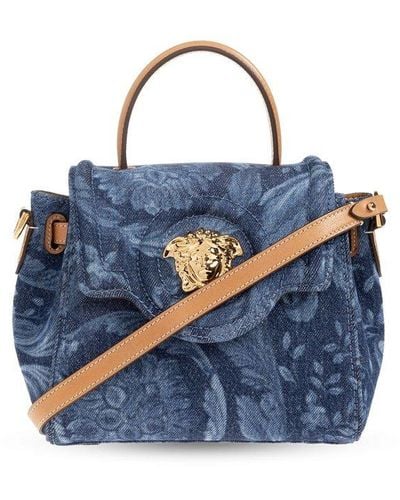 Versace La Medusa Foldover Top Small Tote Bag - Blue