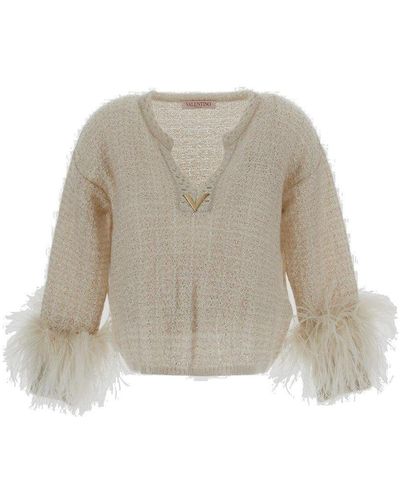 Valentino Logo Plaque Feather-cuffs Jumper - Natural