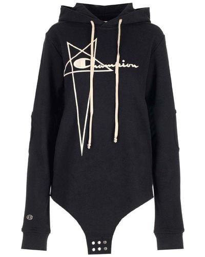 Rick Owens X Champion Logo Embroidered Drawstring Hooded Bodysuit - Black