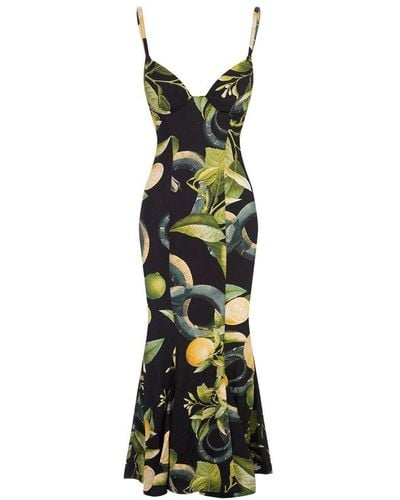 Roberto Cavalli Lemon Printed Flared Sleeveless Dress - Green