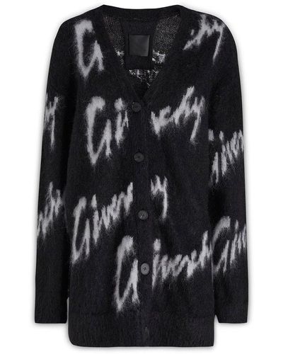 Givenchy Logo Embroidered V-neck Knit Cardigan - Black