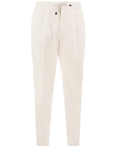 Brunello Cucinelli Leisure Fit Cotton Trousers With Drawstring And Darts - White