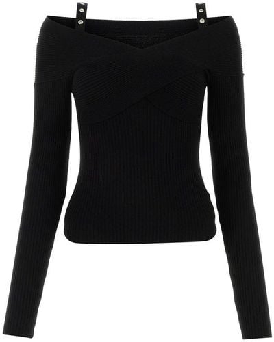 Blumarine Off-shoulder Ribbed-knit Jumper - Black