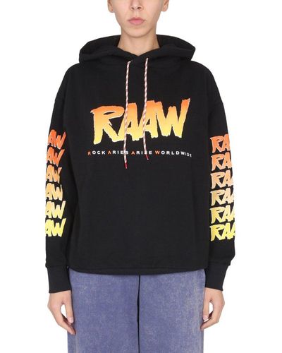 Aries Slogan Printed Drawstring Hoodie - Black