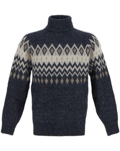 Brunello Cucinelli High Neck Patterned Intarsia-knit Sweater - Blue