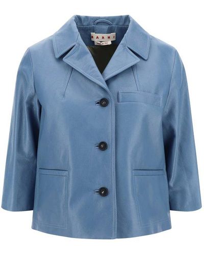 Marni Cropped-sleeved Buttoned Leather Jacket - Blue